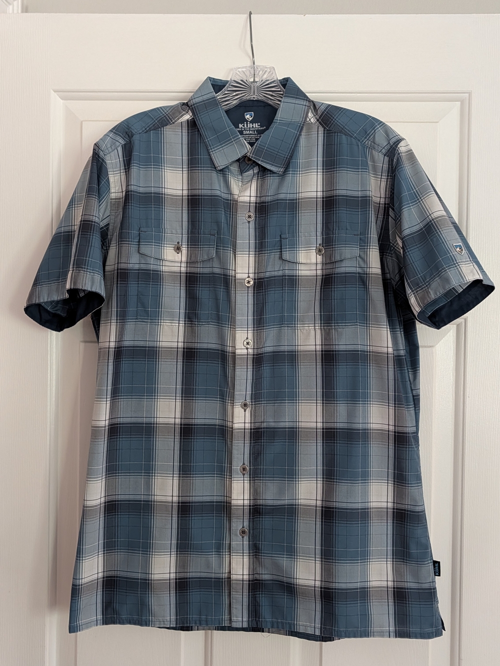 Kuhl Men's Teal and White Plaid Short-Sleeve Button-Down Shirt